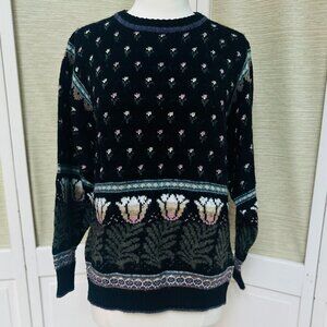 Vintage 70s Floral Patterned Sweater Black Purple Pink Green Tulip Sweater Wool